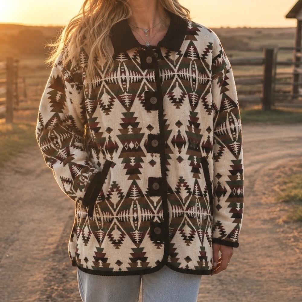 Keren Hart Vtg Southwestern Tapestry Jacket Women 1X Corduroy Trim Aztec‎ X10